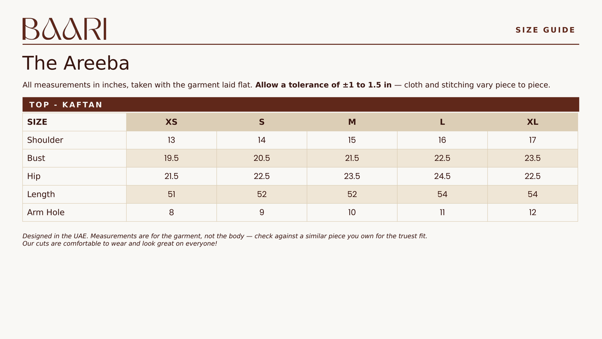 The Areeba — size guide